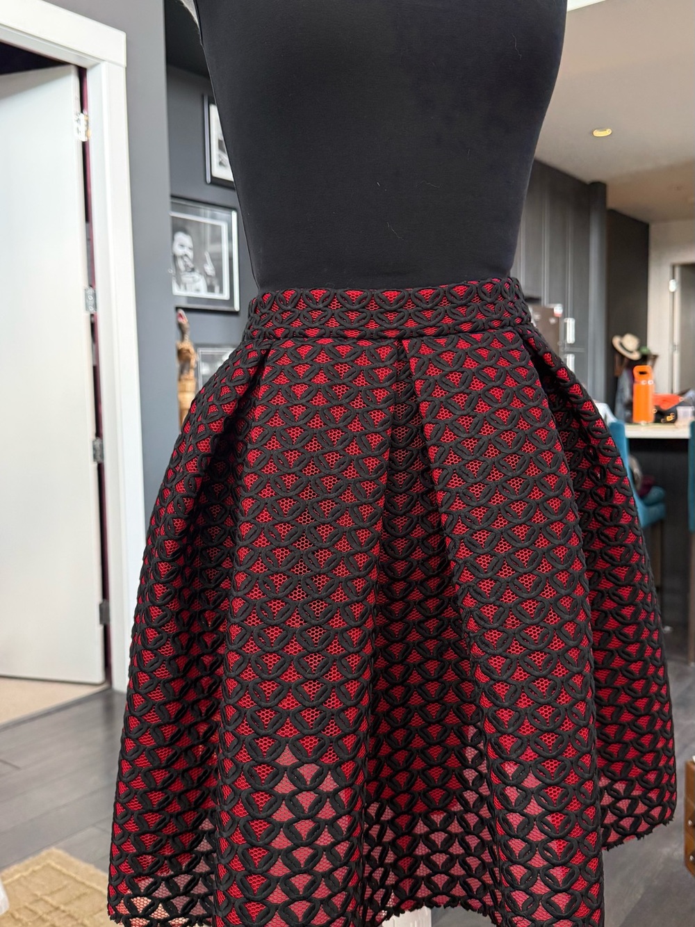 Maje Red and Black Textured Circle Skirt
